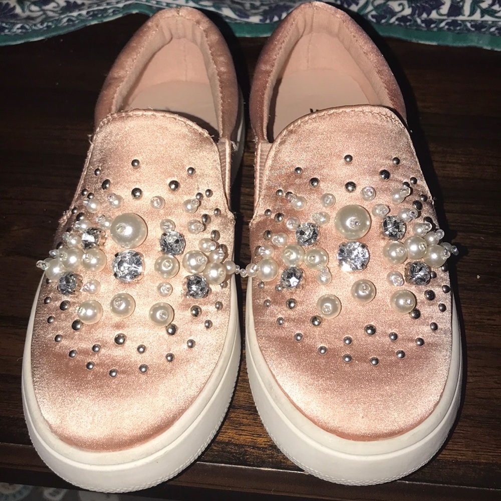 Blush Pink slide sneakers with pearl & rhinestones